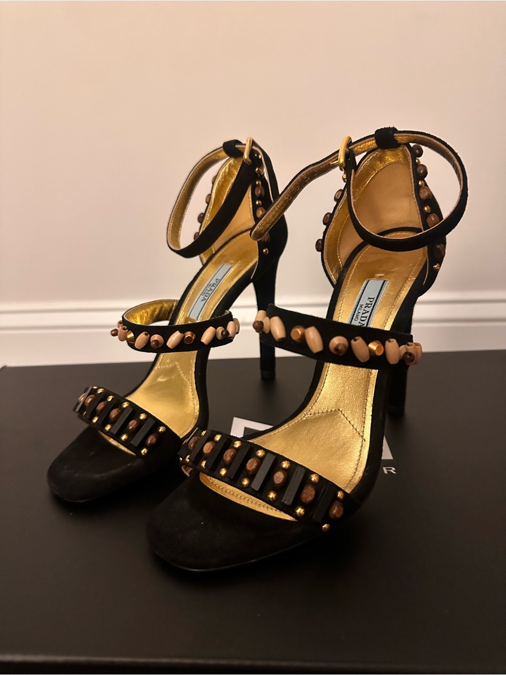 Prada Black Suede Gold-Insole Studded Ankle-Strap Heels